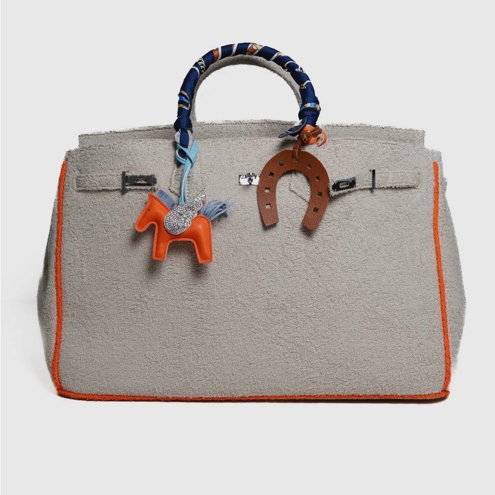 Gray terrycloth Handbag with Orange Accents